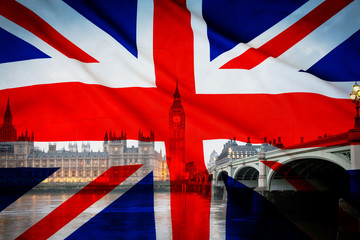 British union jack flag and Big Ben Clock Tower at city of westminster in the background - UK votes...