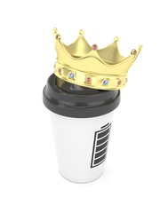 Coffee cup with  golden crown and battery on white background. Concept of luxury royal coffee. 3D rendering.