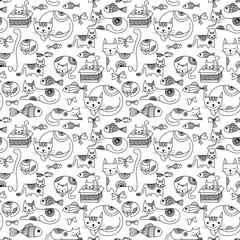 Cats, fishes, and bows seamless pattern. Hand drawn kittens black and white background.