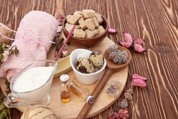 Composition of spa treatment on wooden background