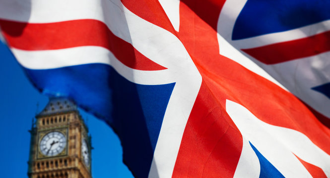 British Union Jack Flag And Big Ben Clock Tower At City Of Westminster In The Background - UK Votes To Leave The EU