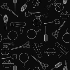 Vector illustration of salon icons on black background.