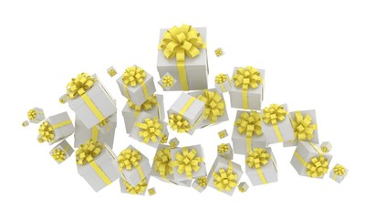 flying gift boxes on white. 3d rendering.