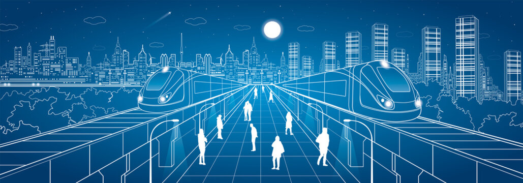 Infrastructure and transport panorama, people walk on the square, two train move over bridges, night city in the background, business buildings, vector design art