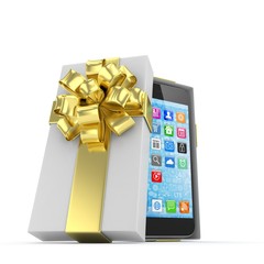 Smartphone in gift box. Isolated on white background. 3d rendering.