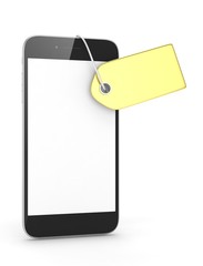 Smart phone with golden price tag on white background. Identification, price, label. Luxury and expensive offer. 3D rendering.