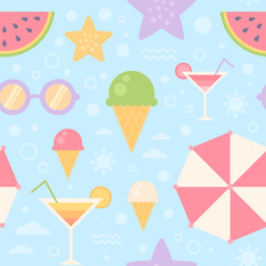 Summer seamless pattern with flat vacation elements