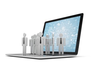 group of people figures on laptop, 3d render