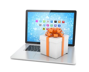 Gift box with ribbon on laptop keyboard. 3d rendering.