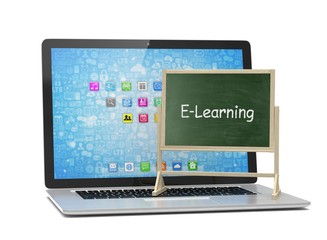  Laptop with chalkboard, e-learning, online education concept. 3d rendering.