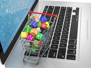 shopping cart with application software icons on laptop. 3d rendering.