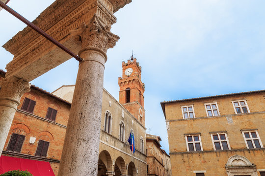 Old town of Pienza, Tuscany, Italy. Historic Cathedral in the city center on Plaza de Pio II.