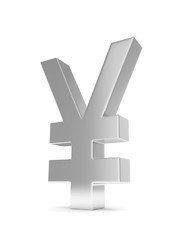 Isolated silver yen yuan sign on white background. Chinese japanese currency. Concept of investment, asian market, savings. Power, luxury and wealth. 3D rendering.