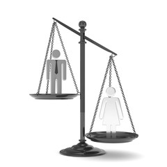 Isolated old fashioned pan scale with man and woman on white background. Gender inequality. Female is heavier. Law issues. Silver model. 3D rendering.