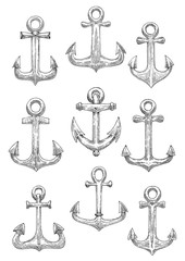 Engraving sketched sailing ships anchors icons