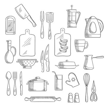 Kitchen utensils and appliances sketches