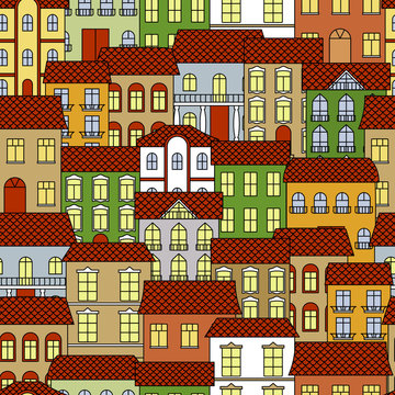 Seamless old town cityscape pattern background © Vector Tradition