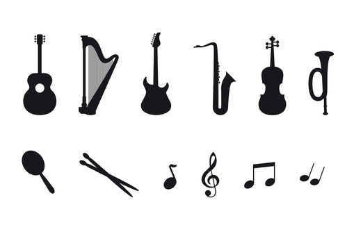 Icon set of a musical instruments. Music icons on a white background. Vector illustration of a musical instruments