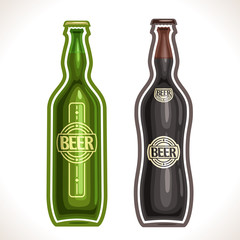 Vector logo for bottle beer, consisting of 2 isolated glass bottle, filled to the brim light lager  pilsner and dark Porter beer on a white background. On glass pint with alcohol drink exclusive label