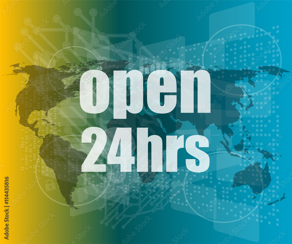 Poster security concept: open 24 hours on digital screen vector quotation marks with thin line speech bubbl
