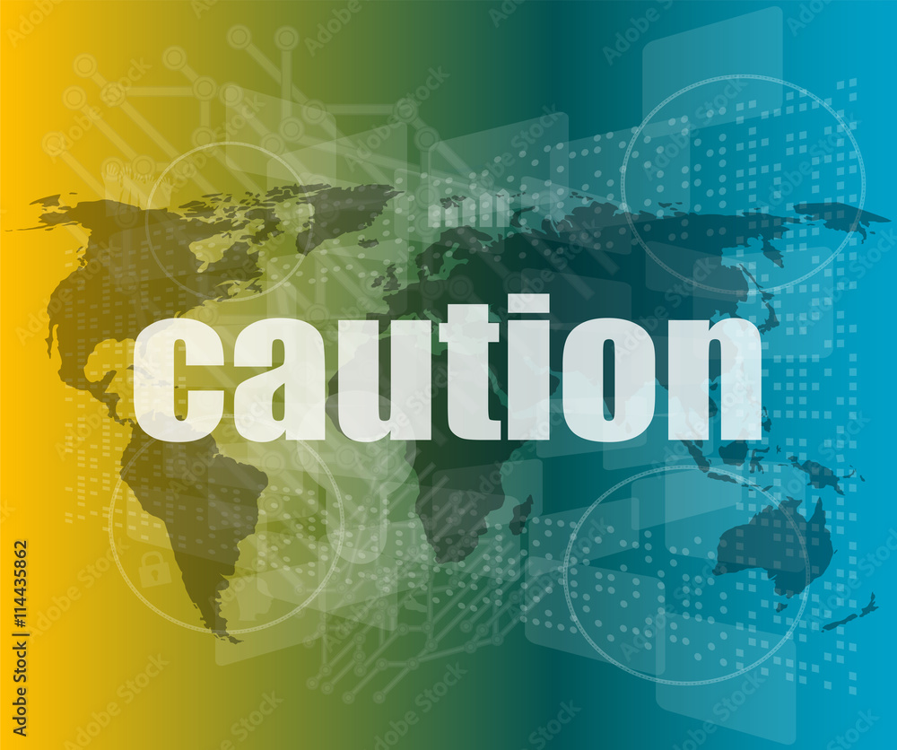 Poster security concept: word caution on digital touch screen vector quotation marks with thin line speech 