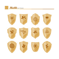 Shields with neutral symbols.