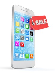 White smart phone with red sale label on white background. Best offer. Leader of sales. 3D rendering.