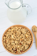 Bowl with muesli and milk