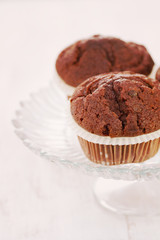 chocolate muffins on dish on white background