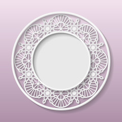 3D Vector bas-relief frame, vignette with ornaments, lace frame,   festive pattern, white pattern, template greetings