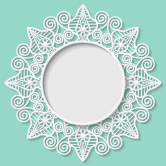 3D Vector bas-relief frame, vignette with ornaments, lace frame,   festive pattern, white pattern, template greetings