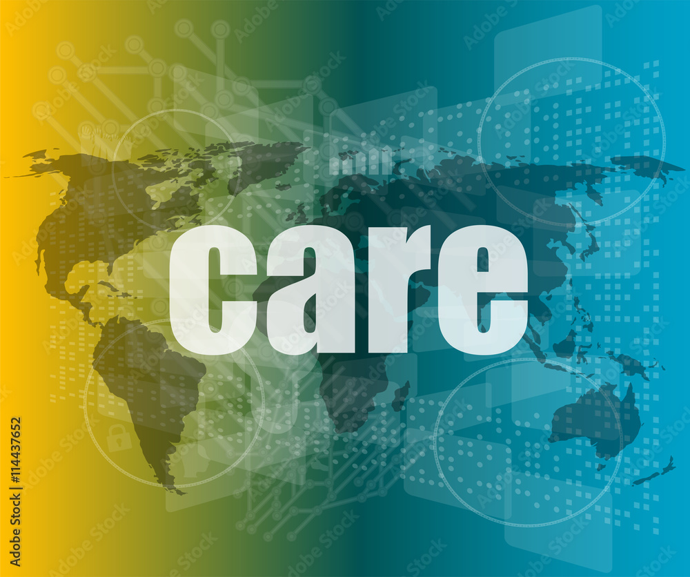 Poster care word on digital screen, mission control interface hi technology vector quotation marks with thi