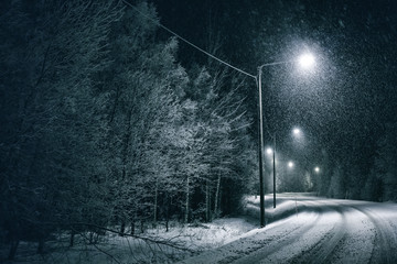 Road and street lights in snow