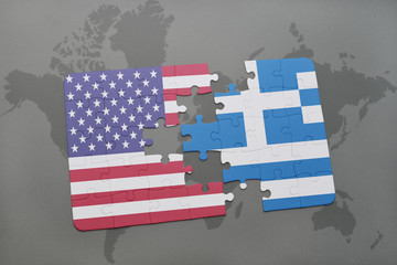 puzzle with the national flag of united states of america and greece on a world map background