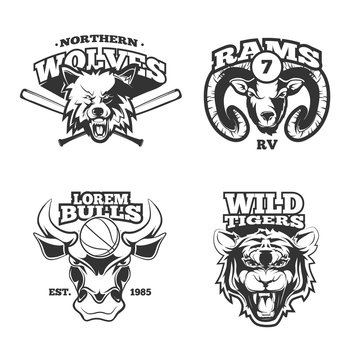 Vintage vector labels with wolf, bulls, ram and tiger