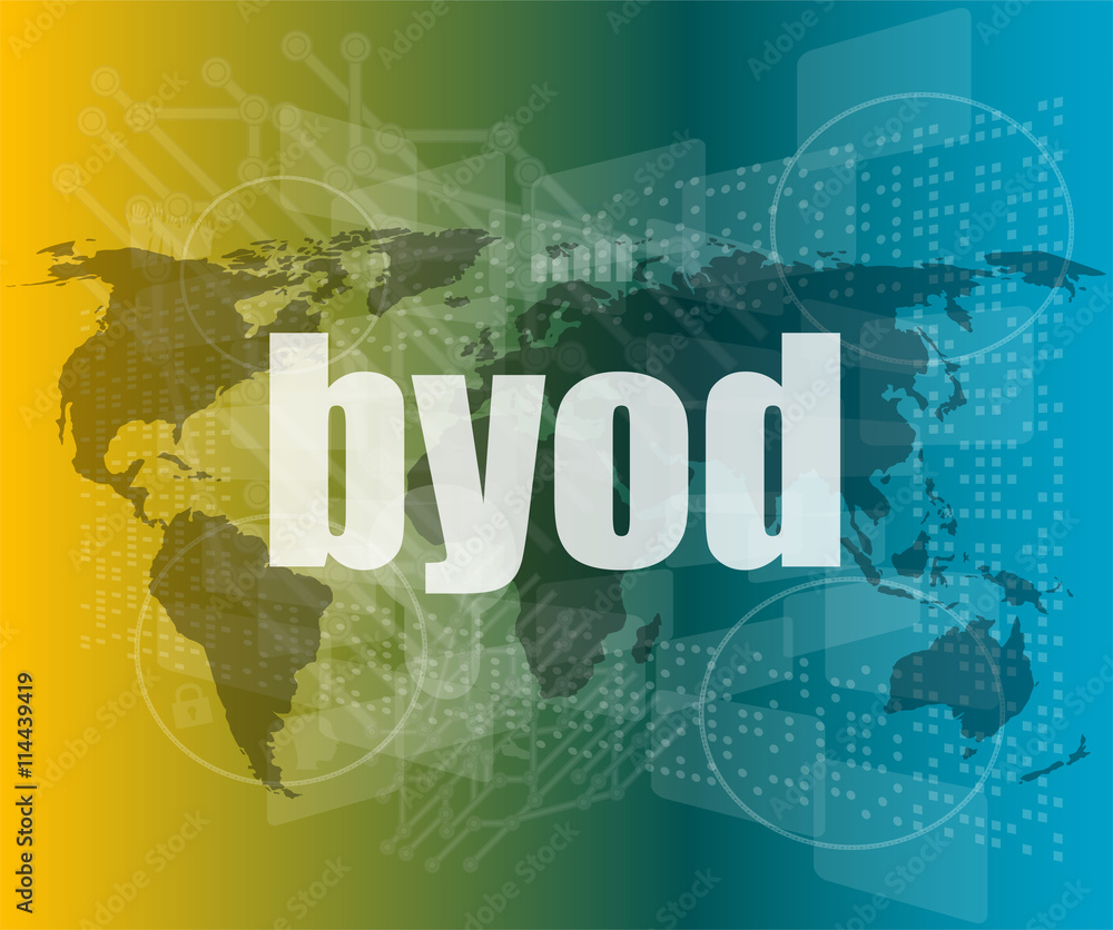 Poster byod word on digital screen, mission control interface hi technology vector quotation marks with thi