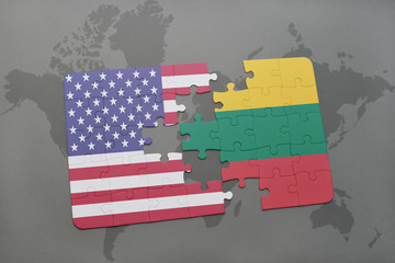 puzzle with the national flag of united states of america and lithuania on a world map background