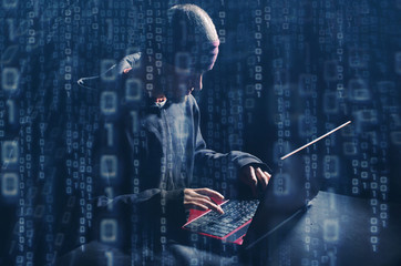 hacker at work with graphic user interface around