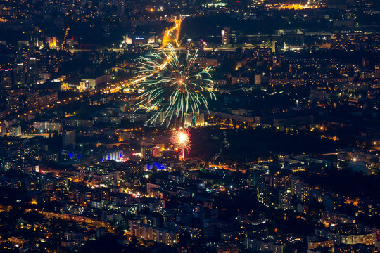 Bulgaria, Sofia, downtown at night with fireworks