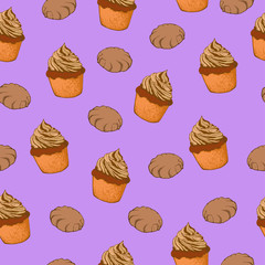 Multicolor seamless pattern with cupcakes and biscuits or meringues on pastel lilac background. Cartoon sketch drawn by ink. Hand drawn vector illustration.
