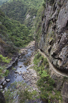 Suspension bridge spanning over the gorge.