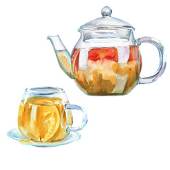 teapot and cup with green tea. isolated. watercolor illustration