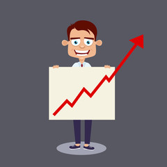 Happy businessman with poster graphic arrow pointing up.. Vector cartoon flat character isolated on dark background.