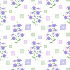 Floral seamless pattern in retro style, cute pink flowers white background black stripes .