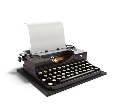 Retro rusty typewriter with paper sheet 3d render isolated on wh
