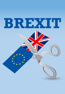 Brexit - Scissors cutting the flags of the European Union and of the United Kingdom