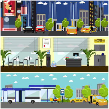 Vector set of taxi service company concept banners. Yellow cabs on a street