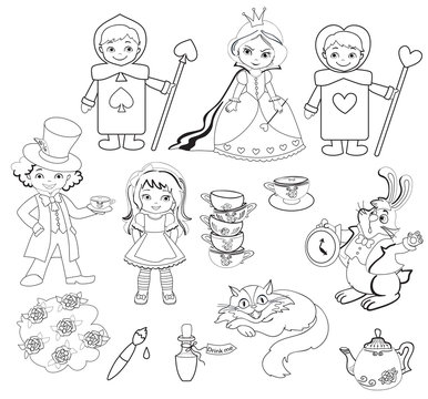 Alice in Wonderland. Set of characters. Coloring page.