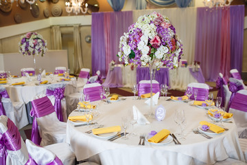 Table set for wedding or another catered event dinner.