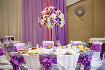 Table set for wedding or another catered event dinner.